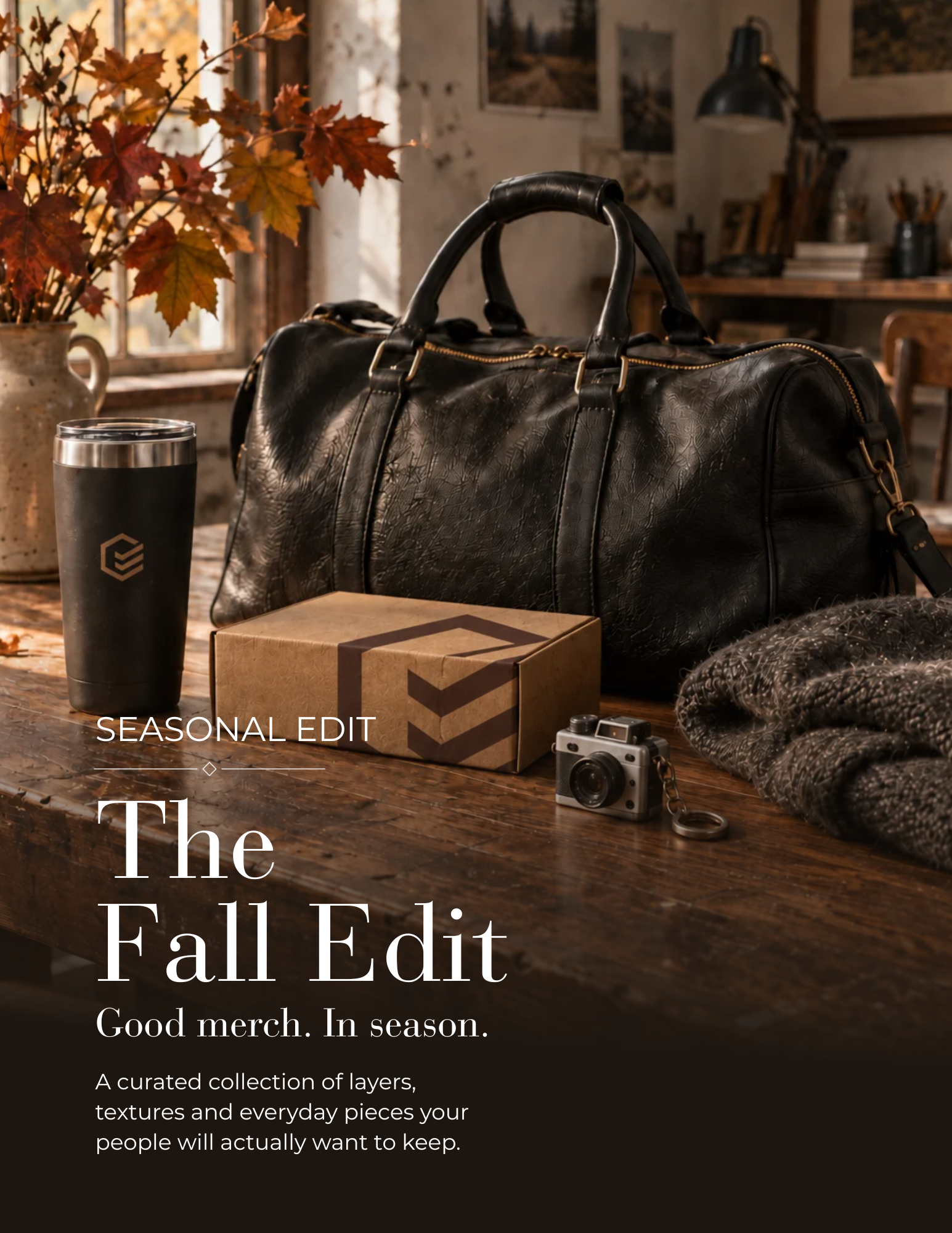 Cubik Fall Edit hero with box, tumbler, weekender and camera